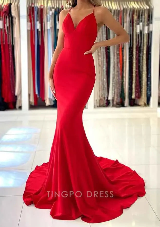 TingPo Wholesale Elegant Trumpet/Mermaid V Neck Sweep Train Sleeveless Elastic Satin Prom Dress